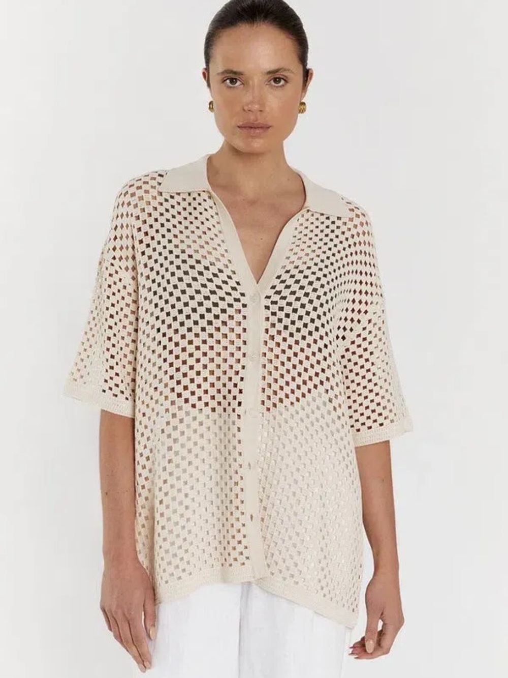 DISSH Sonny beige Crochet Open-Knit Button Shirt Cover-Up size small